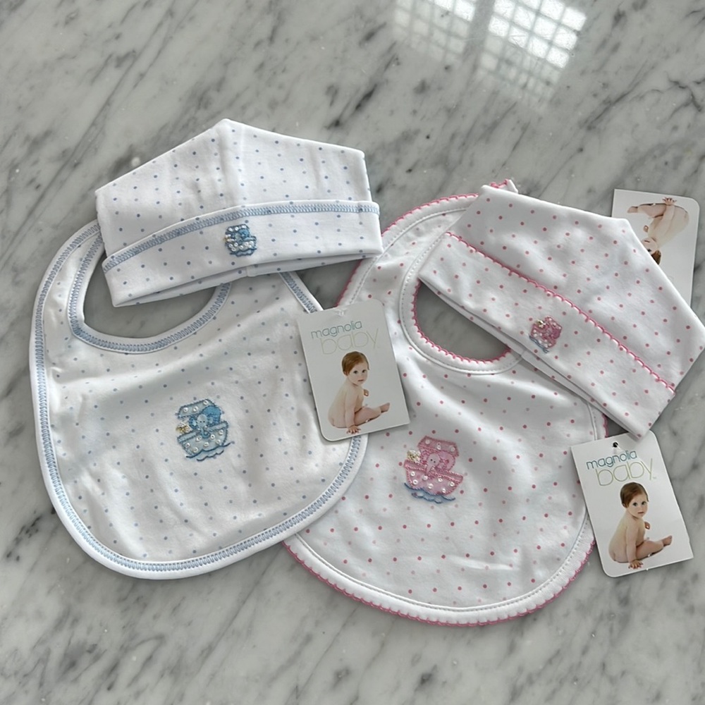 New Magnolia Baby Elephant in a Boat Bib and Hat Set in Pink or Blue Pima Cotton